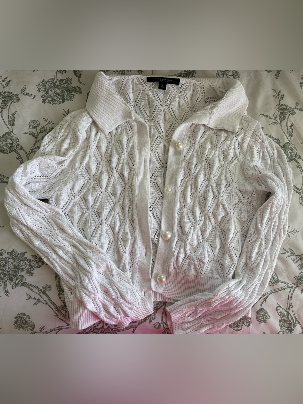 White Knit Collared Cardigan with Pearl Buttons